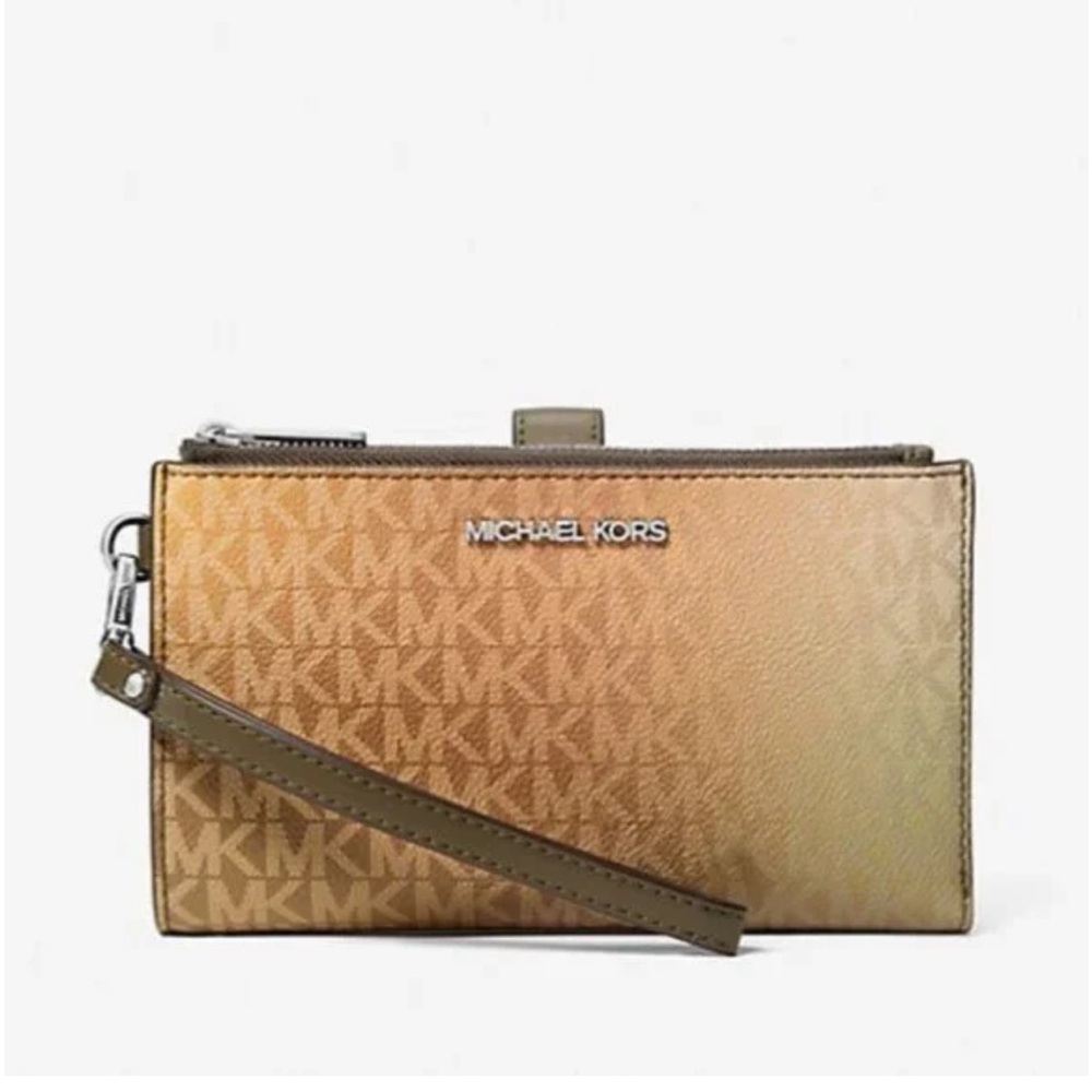 MICHAEL KORS Jet Set Lg Ombré Signature Logo Wristlet Phone Holder 
Olive Combo